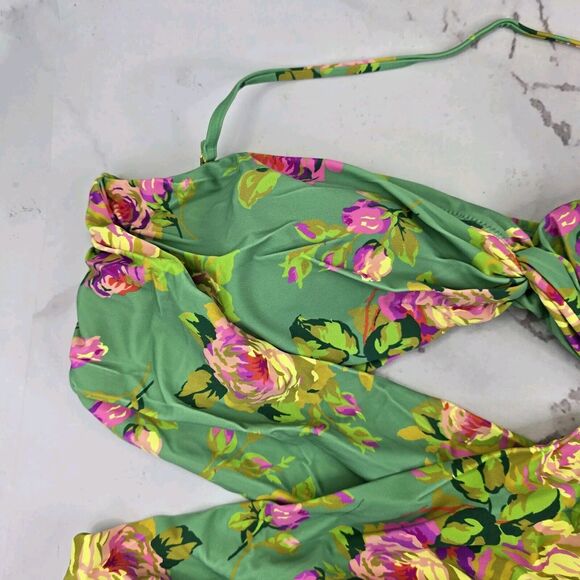 J Crew One Piece Green Criss Cross Cut Out Green Bikini Swim Suit Floral - Picture 2 of 14
